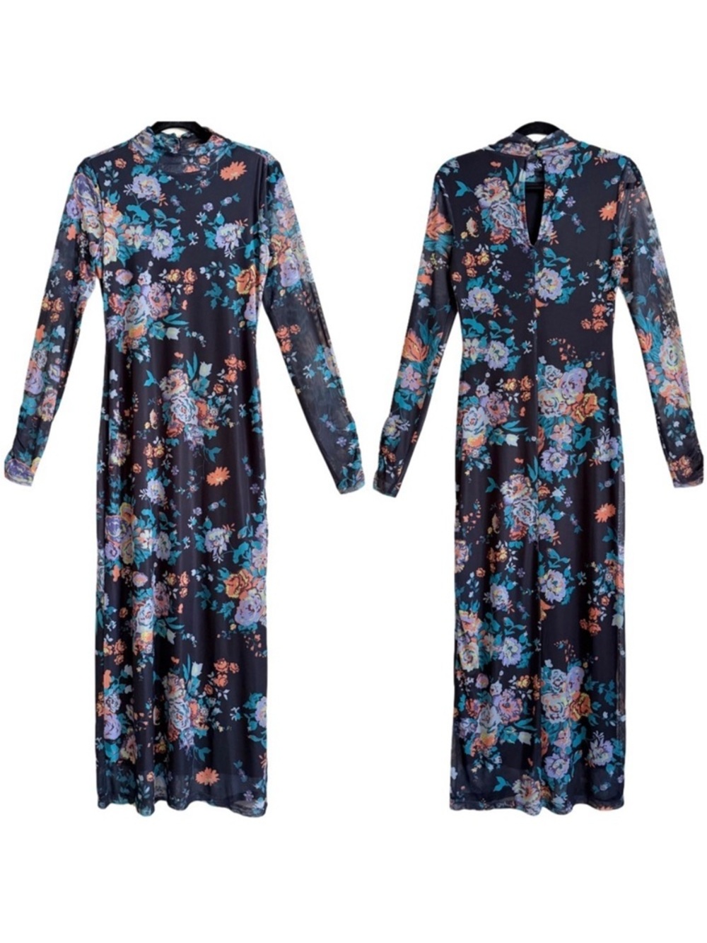 ANTHROPOLOGIE Stretchy Mesh Floral Mock-neck Bodycon Maxi Dress sz XS Cocktail - Picture 4 of 11